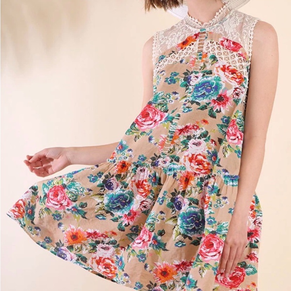 Umgee Dress Size L Tan Rose Floral Fairy Lace Sleeveless Cottage Mumu